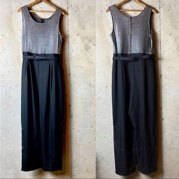 Vintage 80s sleeveless black wide leg metallic ailver jumpsuit size 4 - Picture 2 of 12